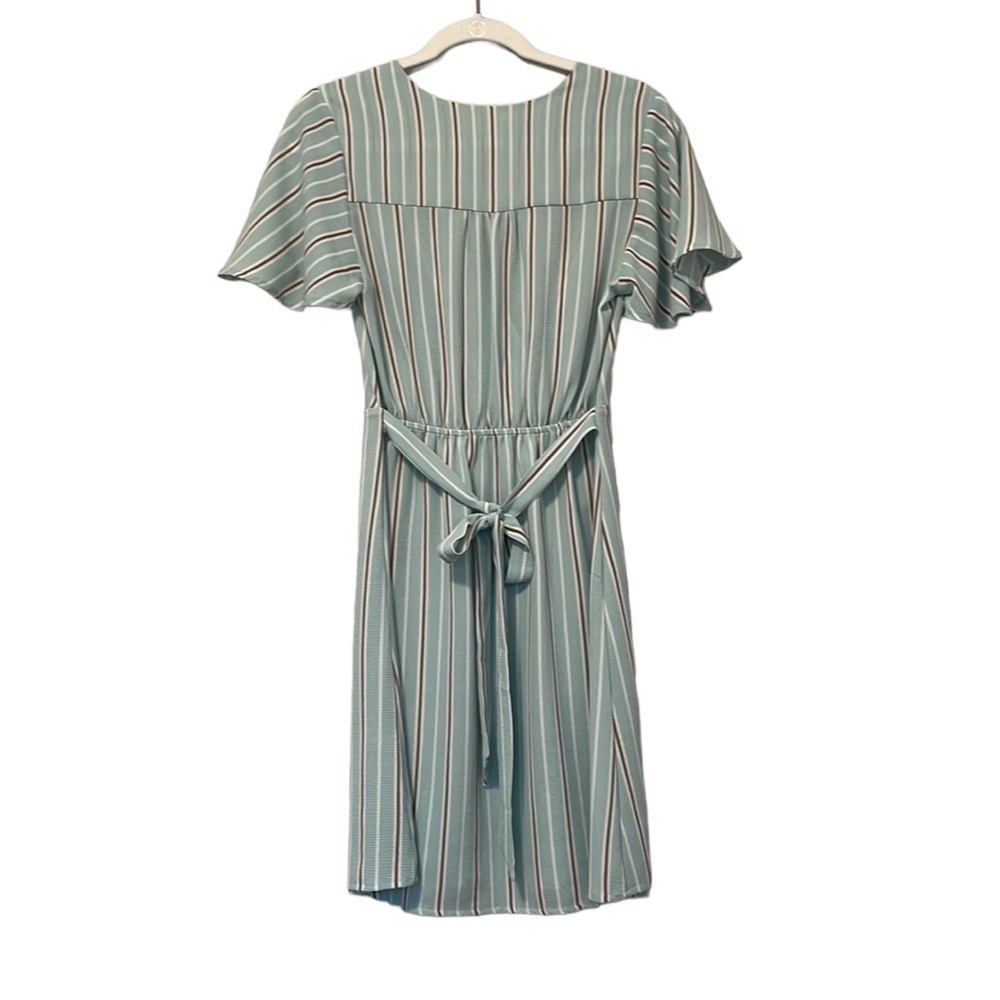 Pastel Striped Dress With Flutter Sleeve & Faux Wrap Tie Back- Size Medium - Picture 3 of 12